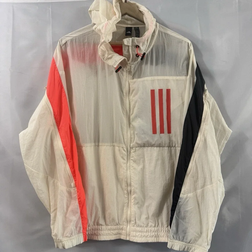 Adidas WND Mother Hooded Windbreaker Jacket Primegreen White Orange Packable L